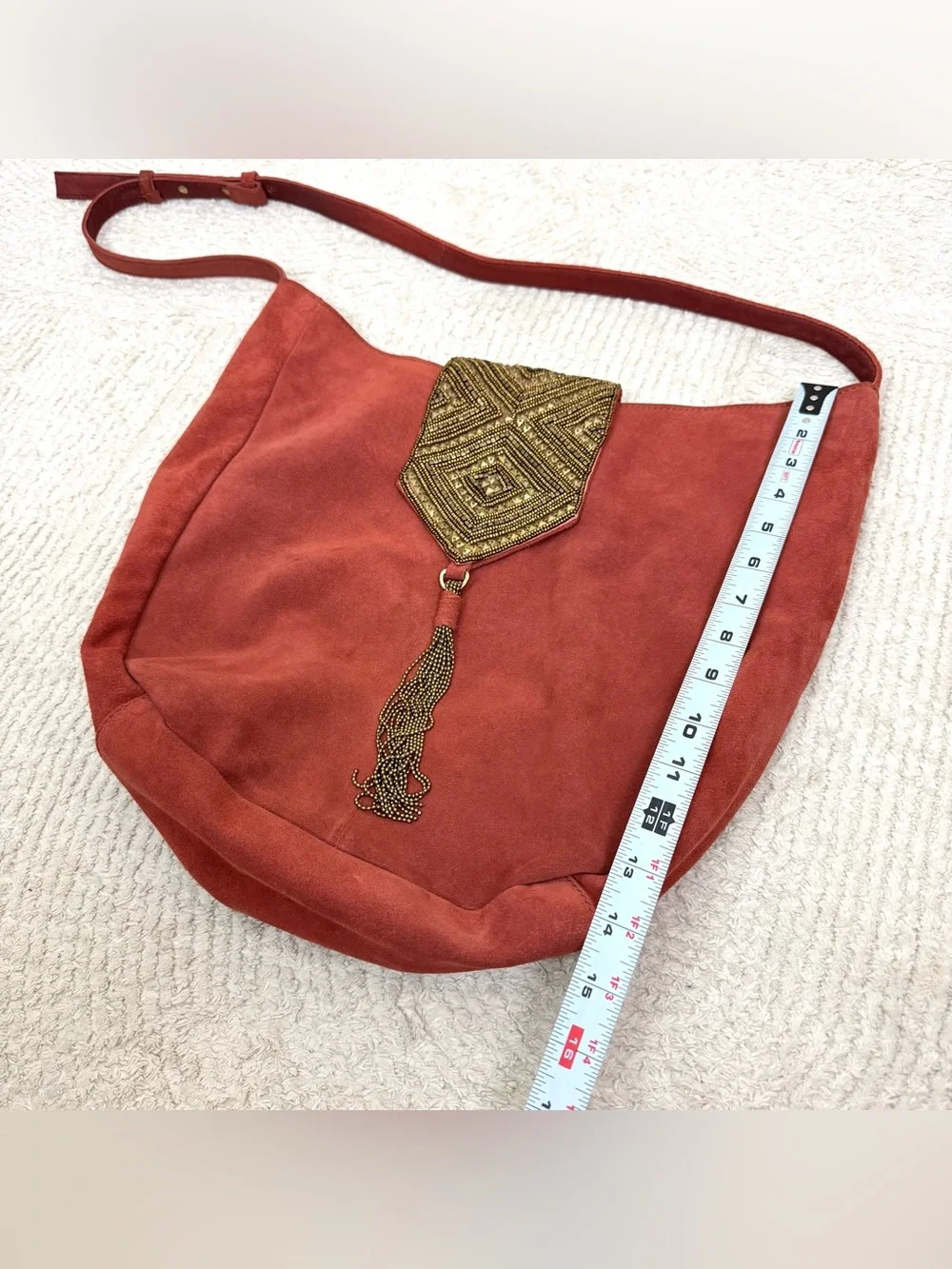 Anthropologie Nadia Suede Beaded Tassel Hobo Crossbody Bag Rust Orange